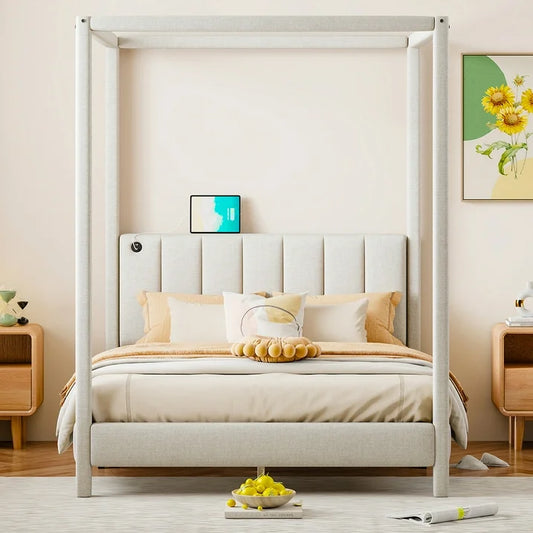 HSUNNS Full Size Canopy Bed Frame, Canvas Platform Bed Frame with USB Type-C Ports and Little Side Pocket, Upholstered Headboard, Easy Assembly, Beige