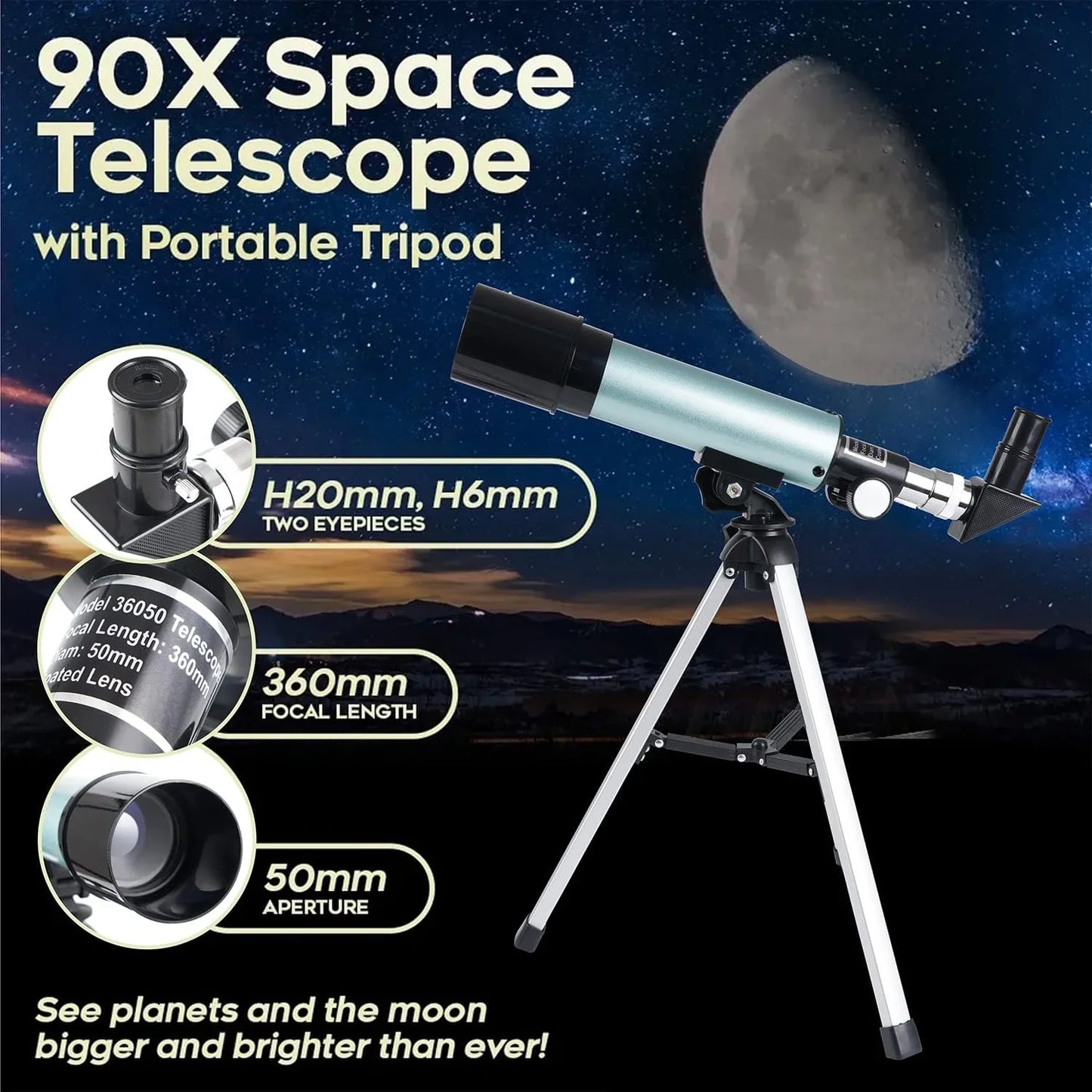 BSHAPPLUS Telescope,50/360mm Refractor Telescope,18X-90X Magnification Telescopes with Tripod,Portable Astronomy Telescope for Kids,Adults,Beginners