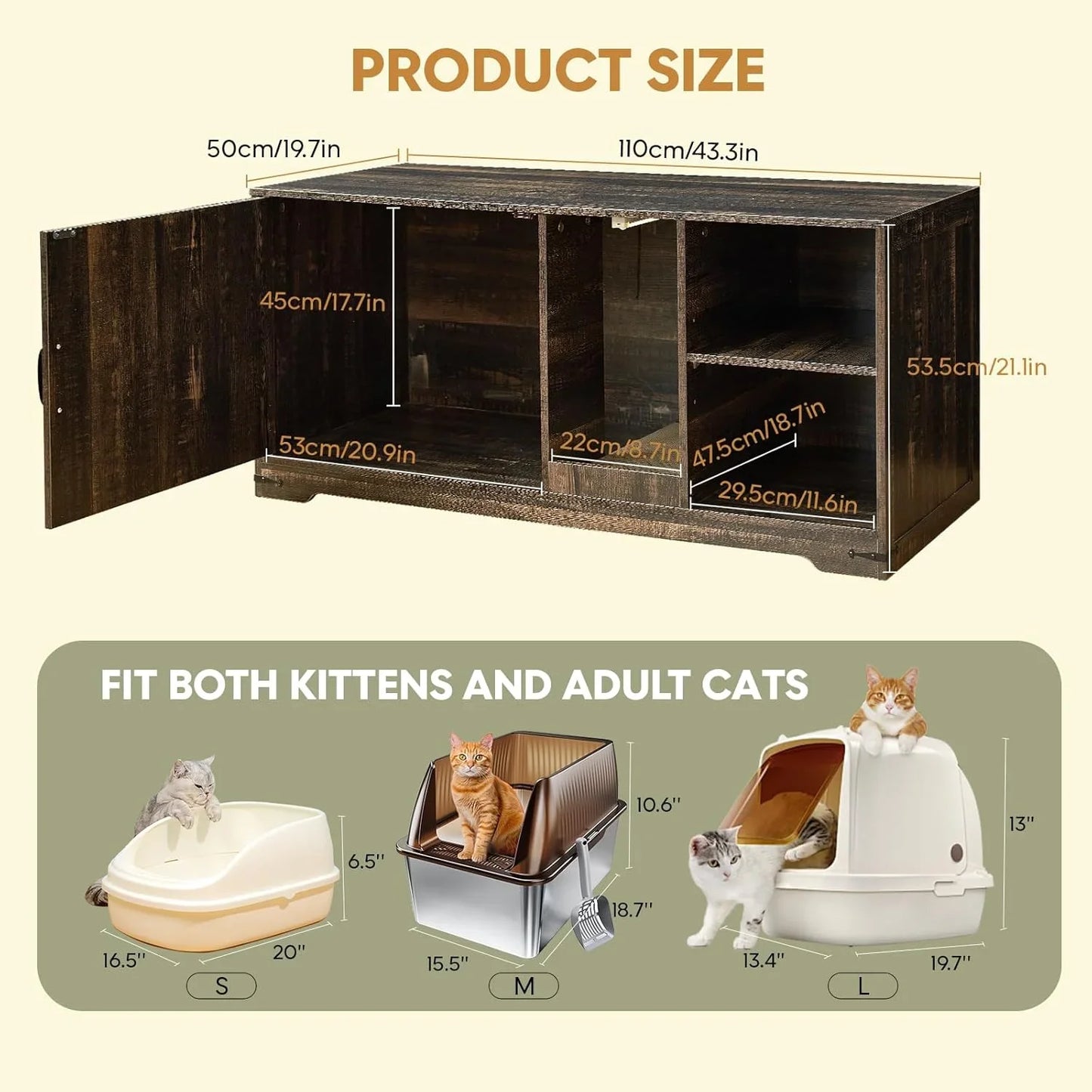 JanflyHome Cat Litter Box Enclosure, 43.3 inches Hidden Litter Box Furniture Cabinet with Storage, Cardboard, Light, Wood Indoor Cat House Washroom, Farmhouse Style, Rustic Brown Oak