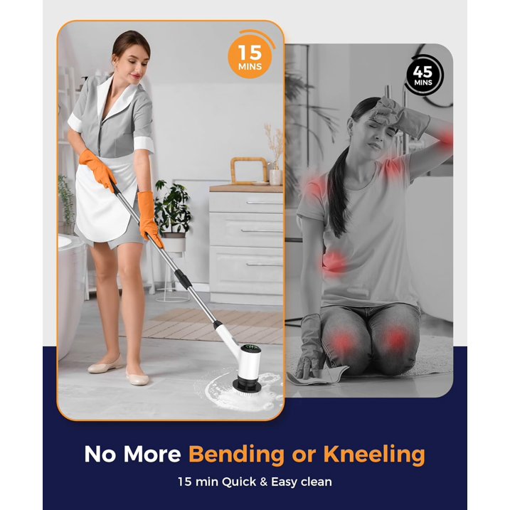 Electric Spin Scrubber, Cordless Cleaning Brush, Bathroom Shower Scrubber with 7 Replaceable Brush Heads, 2 Adjustable Speeds, Extension Handle, IPX7 Waterproof for Tub Tile Floor Car-3