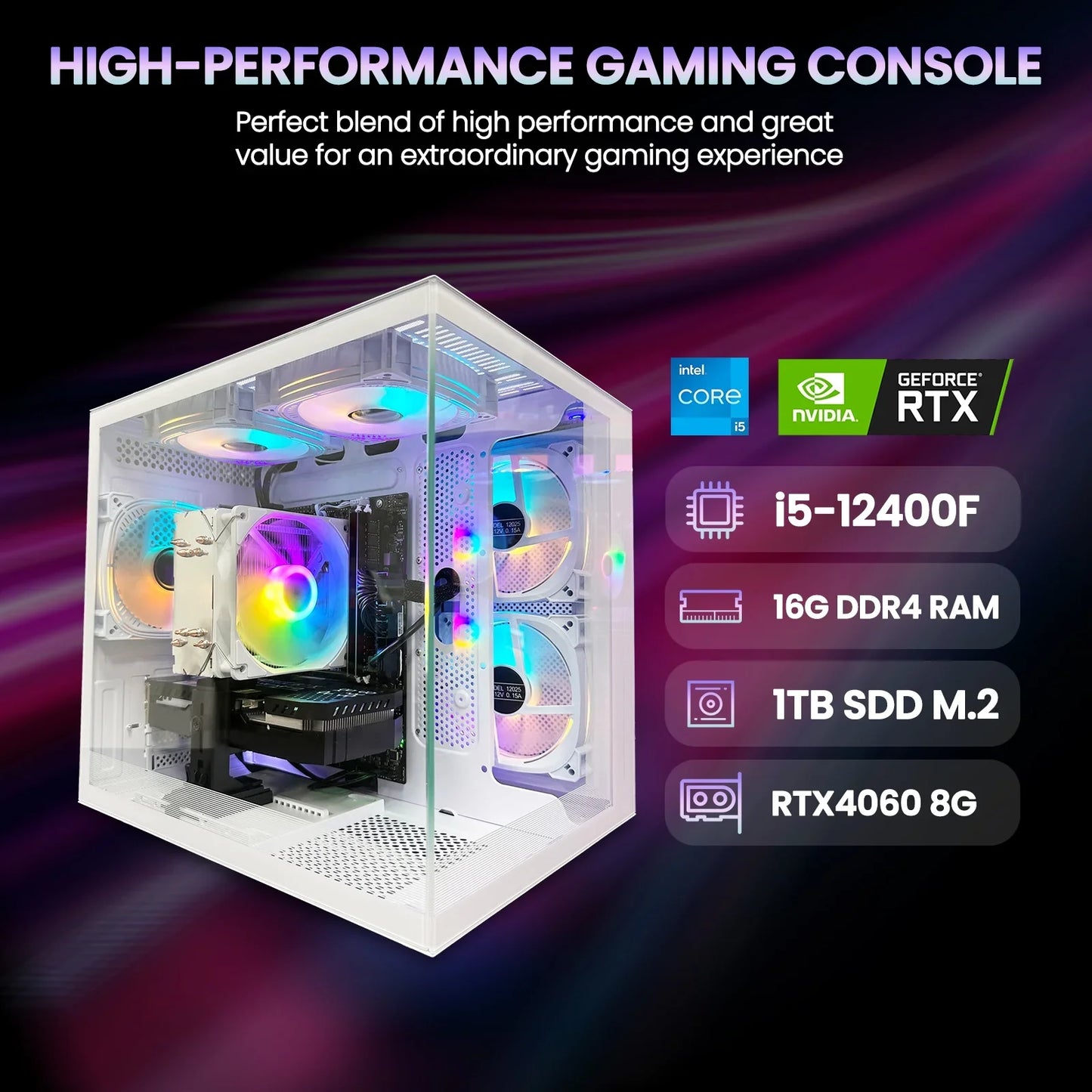 Suevery Intel Core i5-12400F Gaming PC with H610 Motherboard, NVIDIA RTX 4060, 16GB DDR4 3200MHz, 1TB NVMe SSD, WiFi 6, 650W PSU, and RGB Lighting