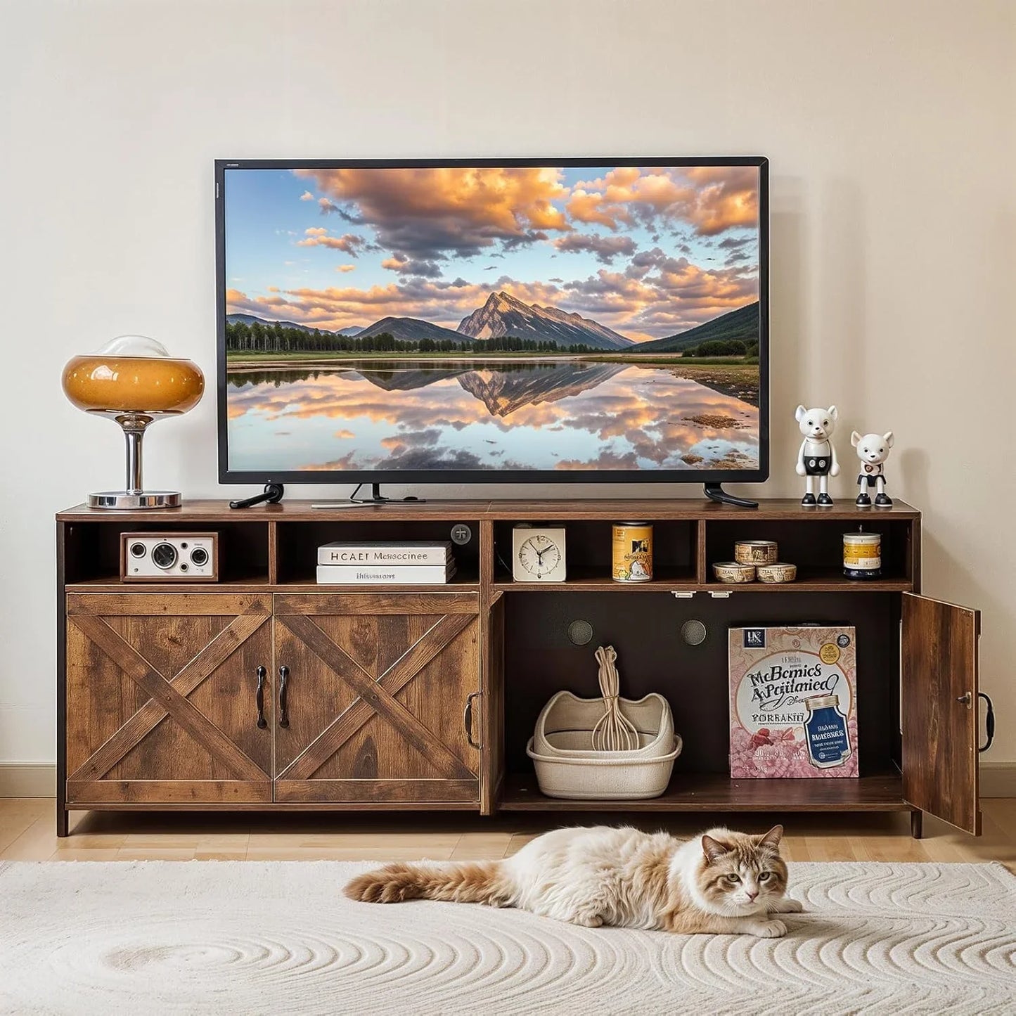 JanflyHome Cat Litter Box Furniture, 63 Inch TV Stand 2 Cats Double Litter box Enclosure Hidden Washroom TV Stand, Vintage Brown