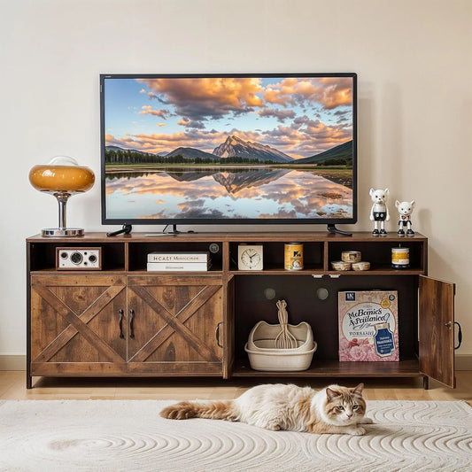 JanflyHome Cat Litter Box Furniture, 63 Inch TV Stand 2 Cats Double Litter box Enclosure Hidden Washroom TV Stand, Vintage Brown