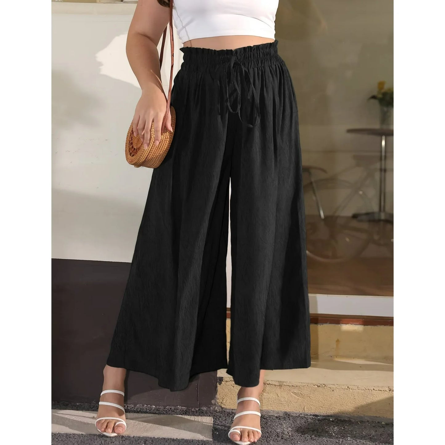FOLUNSI Women's Plus Size Wide Leg Pants Casual Loose High Waist Culottes Trousers m-4x