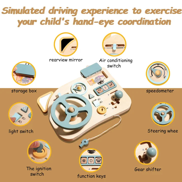 QXQ Montessori Busy Board Toy for Toddlers, Car Wooden Steering Wheel Sensory Board Educational Toys with 10 Motor Skills Activity, Driving Scene Travel Toys Toddlers Toy Gift for Boys and Girls