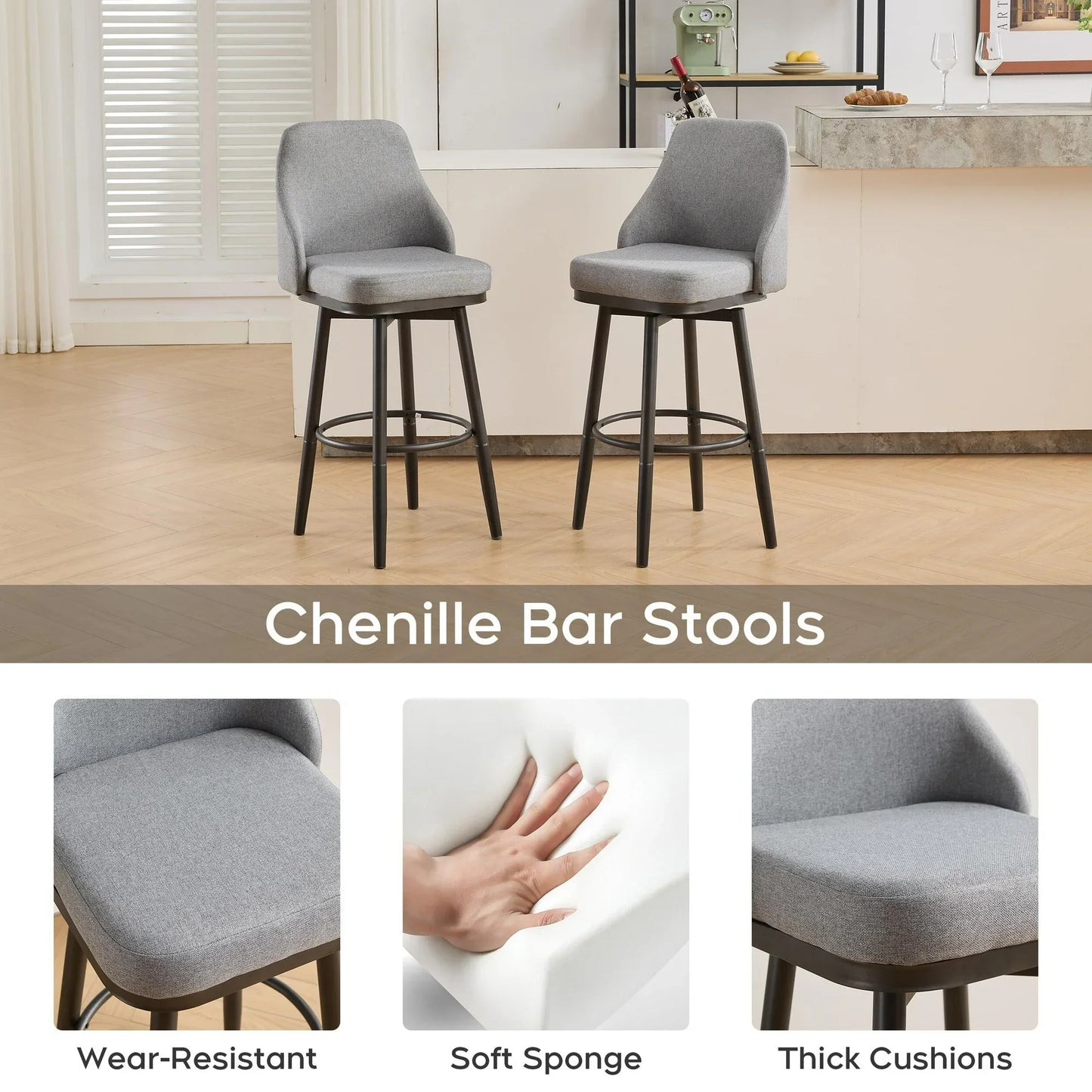 OTHNIEL Bar Stools Set of 2 Adjustable Chenille Swivel Barstool,Metal Leg,24 to 29 Inch Light Gray