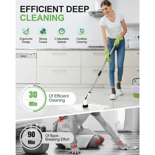 Electric Spin Scrubber, Cordless Cleaning Brush, Shower Scrubber with 9 Brush Heads 2H Power Dual Speed, Adjustable Extension Handle, IPX7 Waterproof for Tub Tile Floor Car-A