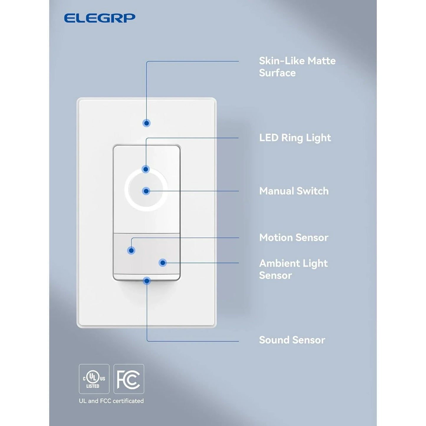 ELEGRP Smart Sensor Light Switch Single Pole, 2.4GHz Wi-Fi Dimmer Switch Compatible with Alexa & Google Assistant, APP Control, Neutral Wire Required, UL Listed, No Hub Required, White 1PC