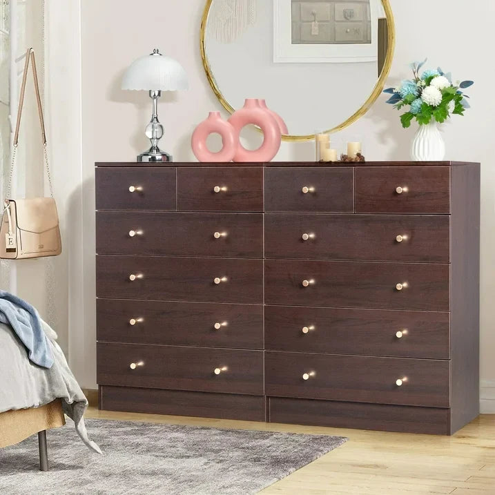 IMKHK 6 Drawer Double Dresser, Wood Wide Chest Of Drawers, Modern Storage Cabinet Dresser Organizer Unit with Matt Gold Handle, Nightstand Storage Tower for Living Room, Bedroom and Hallway, Brown