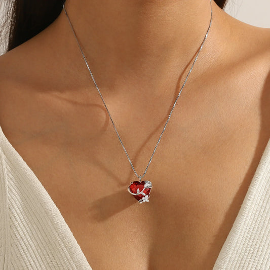 Juwaliy 15MM Women Rose Heart Necklace January Birthstone 925 Sterling Silver Butterfly Flower Pendant Garnet Jewelry Mother Valentine's Day Gift