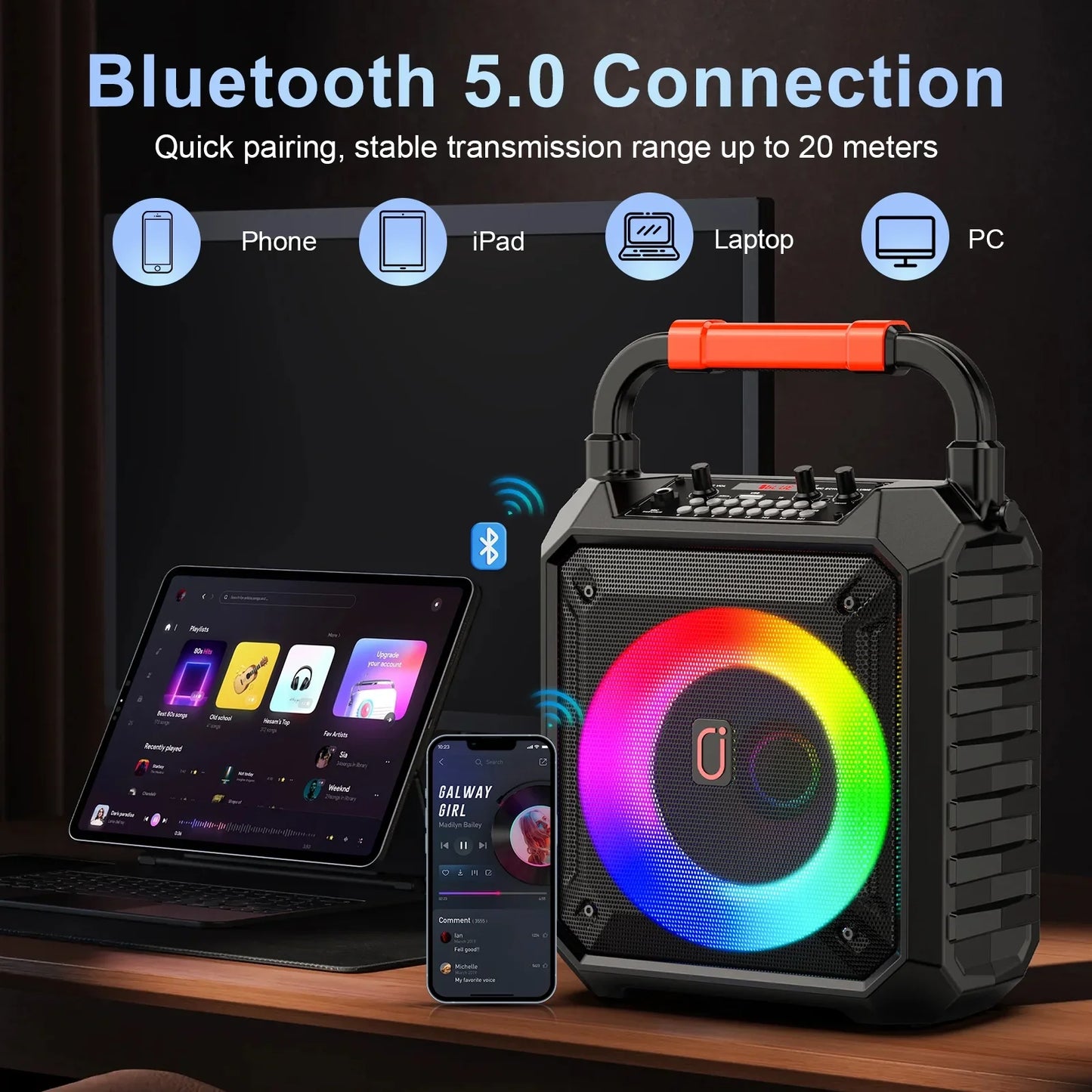FanFun Portable Speaker, 20W Stereo Sound Party Speaker with Microphones, 12H Playing Time Bluetooth Speaker with RGB Light for Party