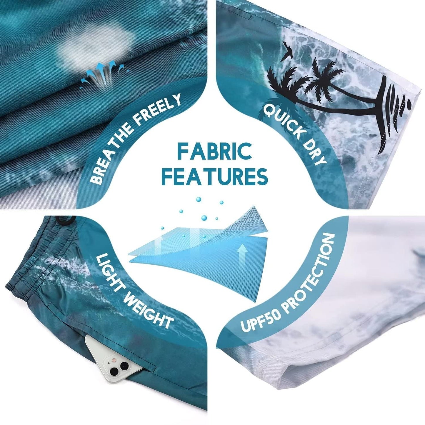 GENTS BLISS Hawaiian Men Shorts Bathing Mesh Lining Beach Shorts for Men with Pockets Swim Trunks