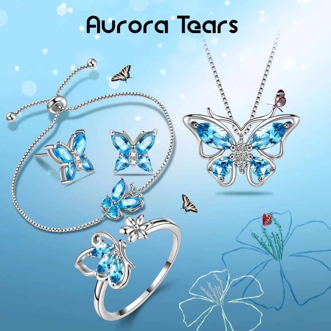 March Birthstone Jewelry Set Blue Butterfly Aquamarine Fine Necklace/Earrings/Ring/Bracelet 925 Sterling Silver Women Birthday Mother's Day Christmas Gift