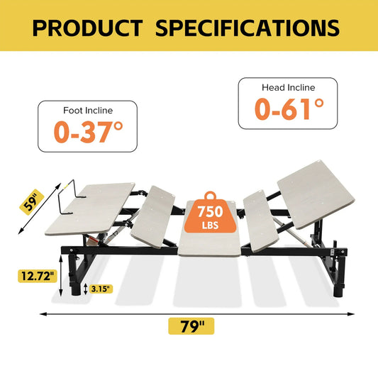Queen Size Electric Ergonomic Adjustable Bed Frame, Adjustable Bed Base Frame with Wireless Remote, Independent Head and Foot Incline, Metal Platform Bed Frame with Quiet Motor