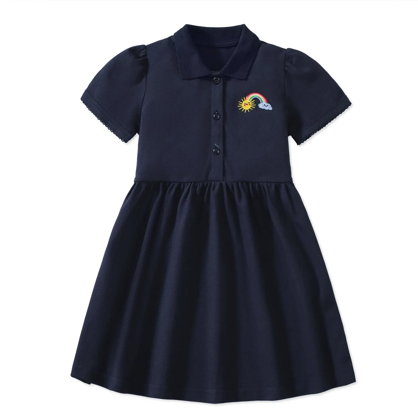 HILEELANG Baby Girl Easter Navy Pink Polo Dress Short Sleeve Cotton Casual Button Closure School Playwear Ruffle Dresses 2 Packs 2T
