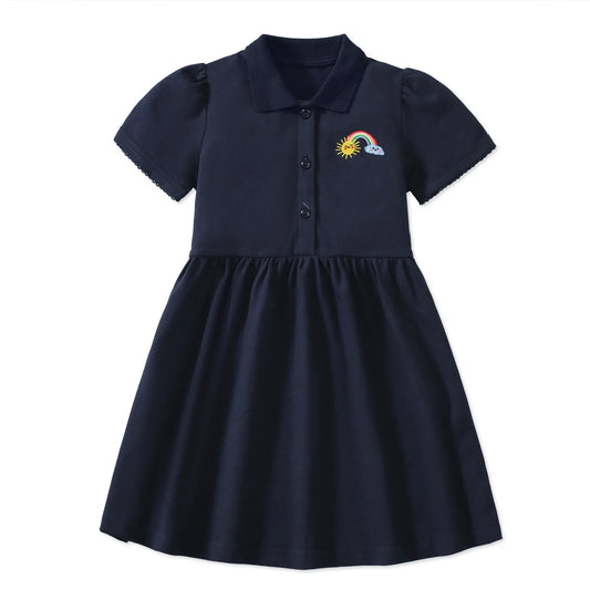 HILEELANG Baby Girl Easter Navy Pink Polo Dress Short Sleeve Cotton Casual Button Closure School Playwear Ruffle Dresses 2 Packs 2T