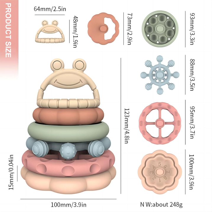 Stacking Rings Toys for Babies Safe Silicone Teething  Nesting Cups, 6 Pcs Frog Learning Tower for Infants 6+ Months, Fun Bath Toy for Toddlers 1 3 Years