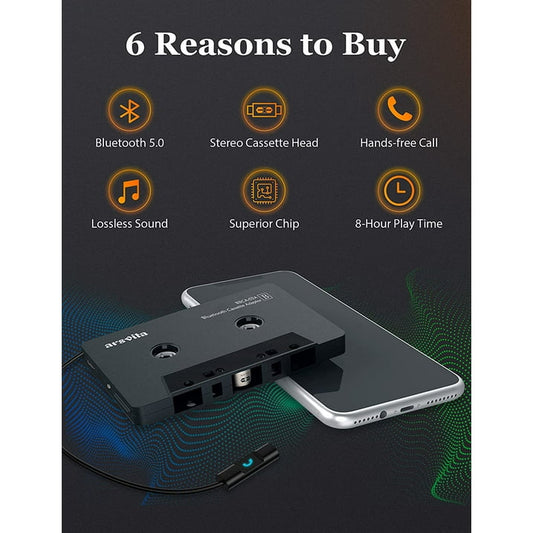Bluetooth 5.0 Cassette Receiver with Phone Call Button, Hands-free Calls Wireless Bluetooth Cassette Aux Adapter for Car Tape Player Deck
