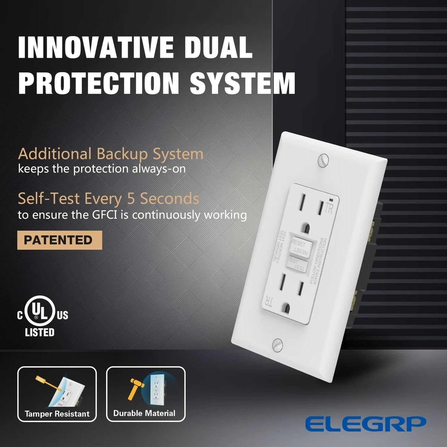 ELEGRP GFCI Outlet 15 Amp, Self-Test GFI Electrical Outlet with Thinner Design, TR Tamper Resistant GFCI Receptacle, Ground Fault Circuit Interrupters with Wall Plate, UL Listed, White