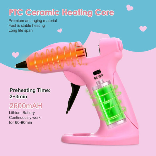 Uarter Hot Glue Gun Cordless Full Size 2600mAh USB Rechargeable LED Digital Hot Melt Glue Tool with Stand, 30 Glue Sticks  6 Finger Protectors  Pink