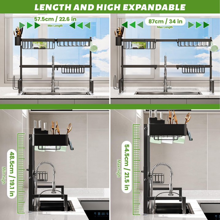 Over The Sink Dish Drying Rack (Expandable Height and Length) Snap-On Design 2 Tier Large Dish Rack (23" - 34" L x 11" W x 19" - 21.5" H)