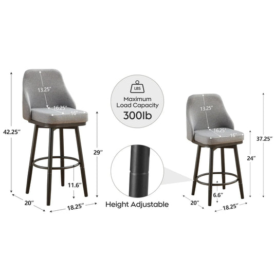 OTHNIEL Bar Stools Set of 2 Adjustable Chenille Swivel Barstool,Metal Leg,24 to 29 Inch Light Gray
