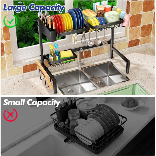 2-Tier Over The Sink Dish Drying Rack, Kitchen Large Dish Drying Rack Over The Sink, Suitable for Most Sinks, Effective Dish Drying, Kitchen Drying Rack（24.8"-35.4"）