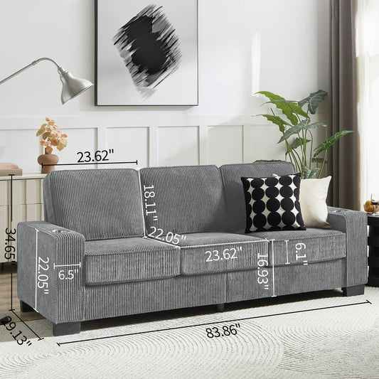 PAPROOS 3-seater Sofa for Living Room, Modern Corduroy Compressed Couch with Cup Holders, Apartments Sofa with Removable Back Cushion, Easy Assembly, Home Sofa Living Room， Gray