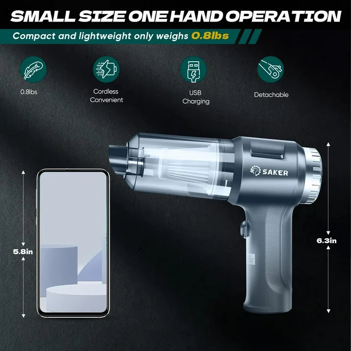 Saker 3 in 1 Cordless Vacuum Cleaner with 12000PA Brushless Motor, Mini Handheld Vacuum Cleaner with Air Blower, Extractor for Car, Home, Office, Only 0.8lbs