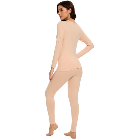 MANIFIQUE Thermal Underwear Set for Women Ultra Thin Long Johns Scoop Neck Base Layer Top Bottom Set
