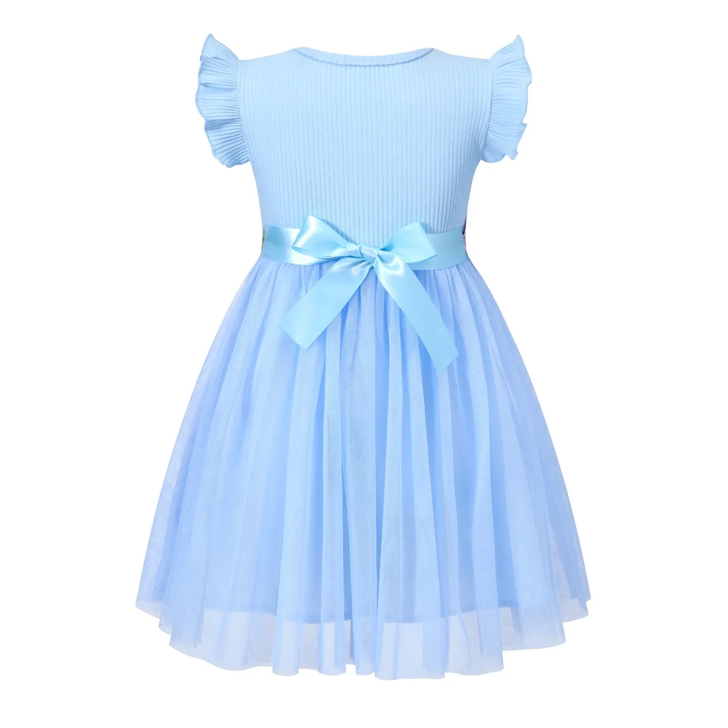 HILEELANG Toddler Flower Girl Tulle Tutu Dress Easter Light Blue Ribbed Cotton Flutter Sleeves Birthday Wedding Party Princess Dresses 2T