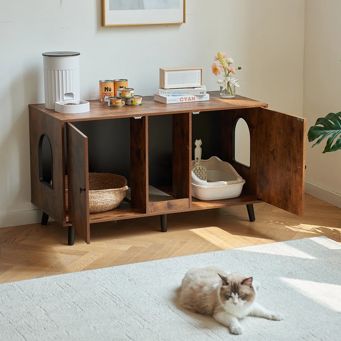 JanflyHome Litter Box Enclosure, MDF-Boards, Cat Litter Box Furniture with Scratching Board, Brown