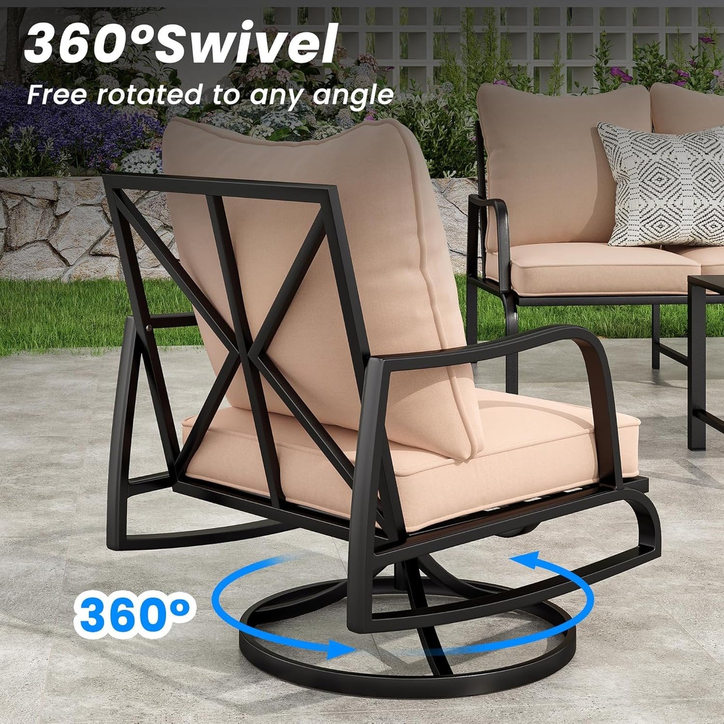 Farini Small Patio Furniture Set, 3 Piece Outdoor Bistro Set, 2 x Swivel Patio Chairs and 1 x Small Side Table, Outdoor Table and Chairs Set with 4" Thick Cushions for Backyard, Porch, Poolside