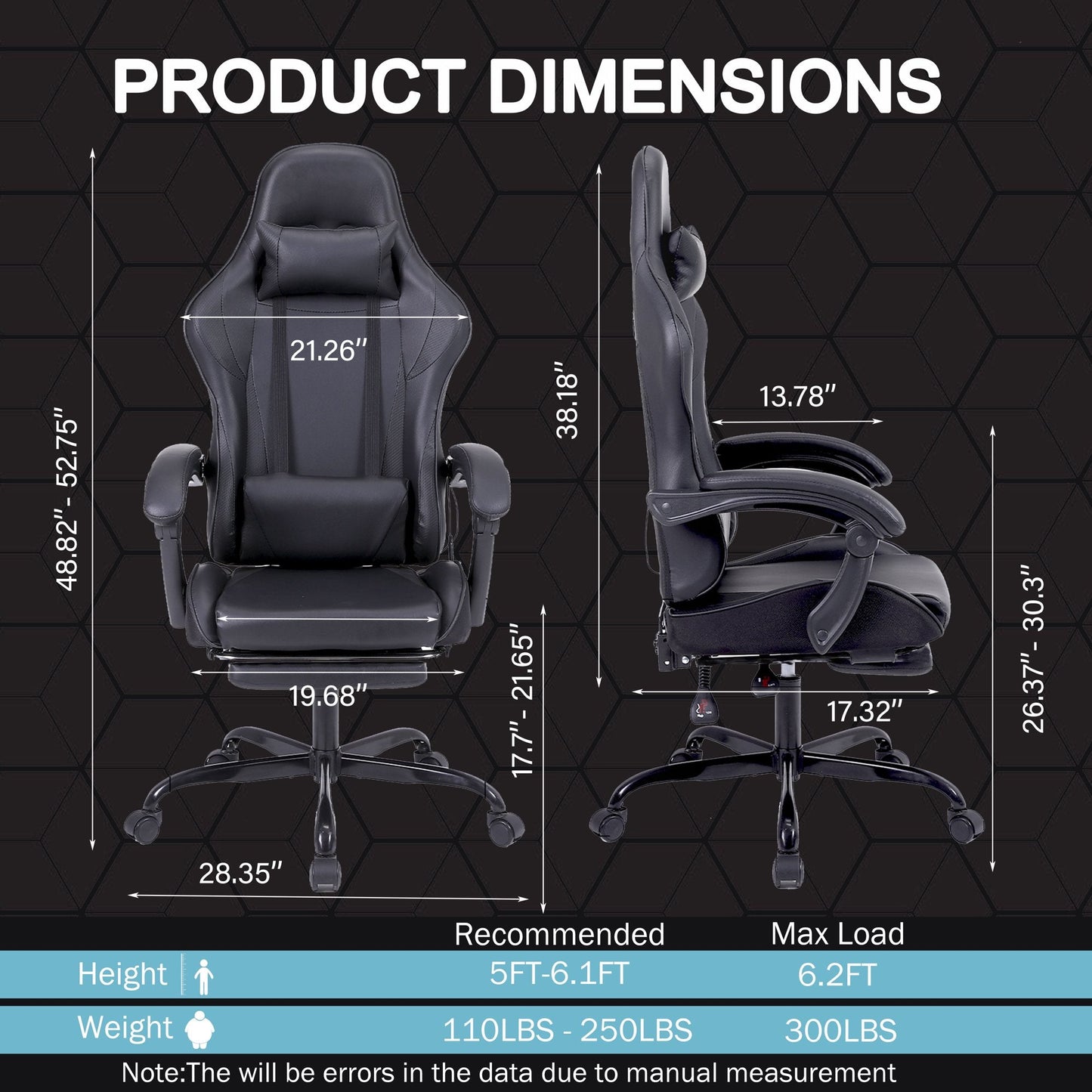 Black Gaming Chair with Footrest and Massage Ergonomic Video Gamer Chair for Adults Leather Gaming Chair High Back Swivel Reclining Computer Chair for Home Office