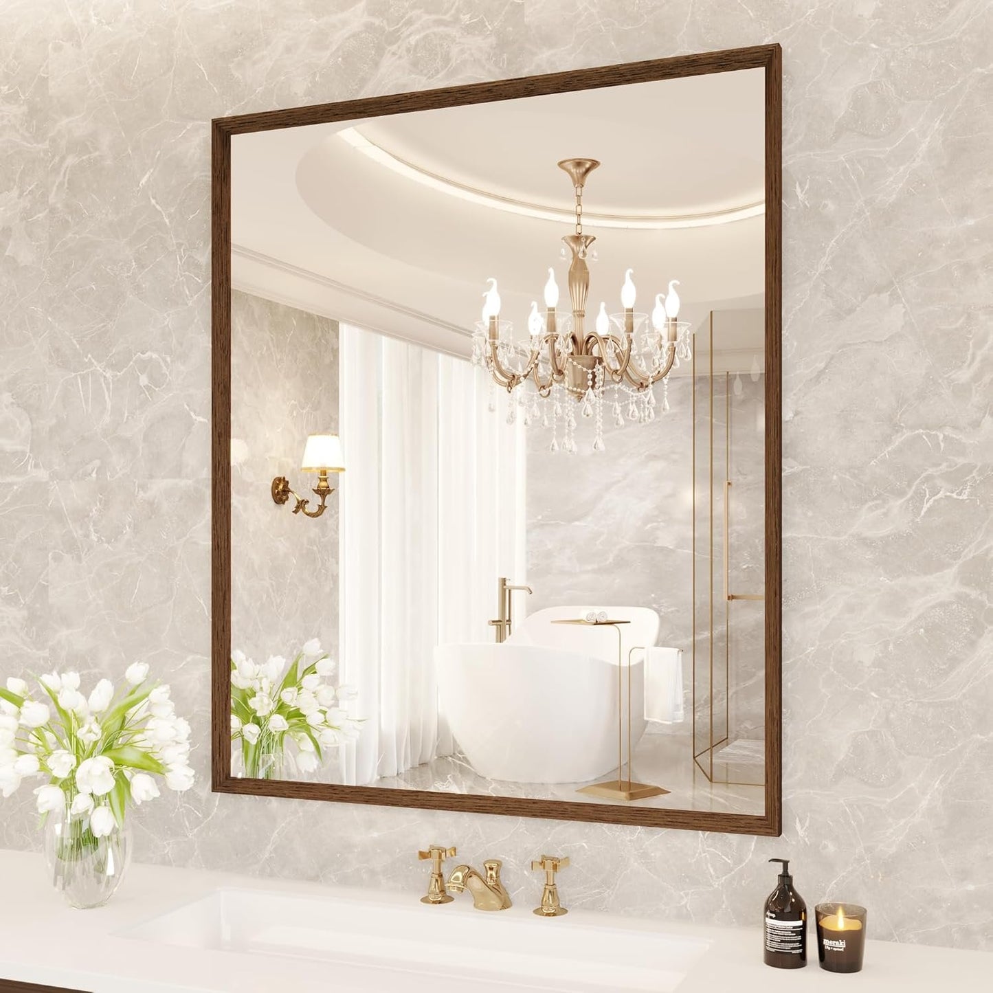 Swafrrt 22 x 30  Bathroom Wall Mirror with Walnut Wood Grain Framed, Vanity Mirror Anti Rust, Anti Fog, Waterproof