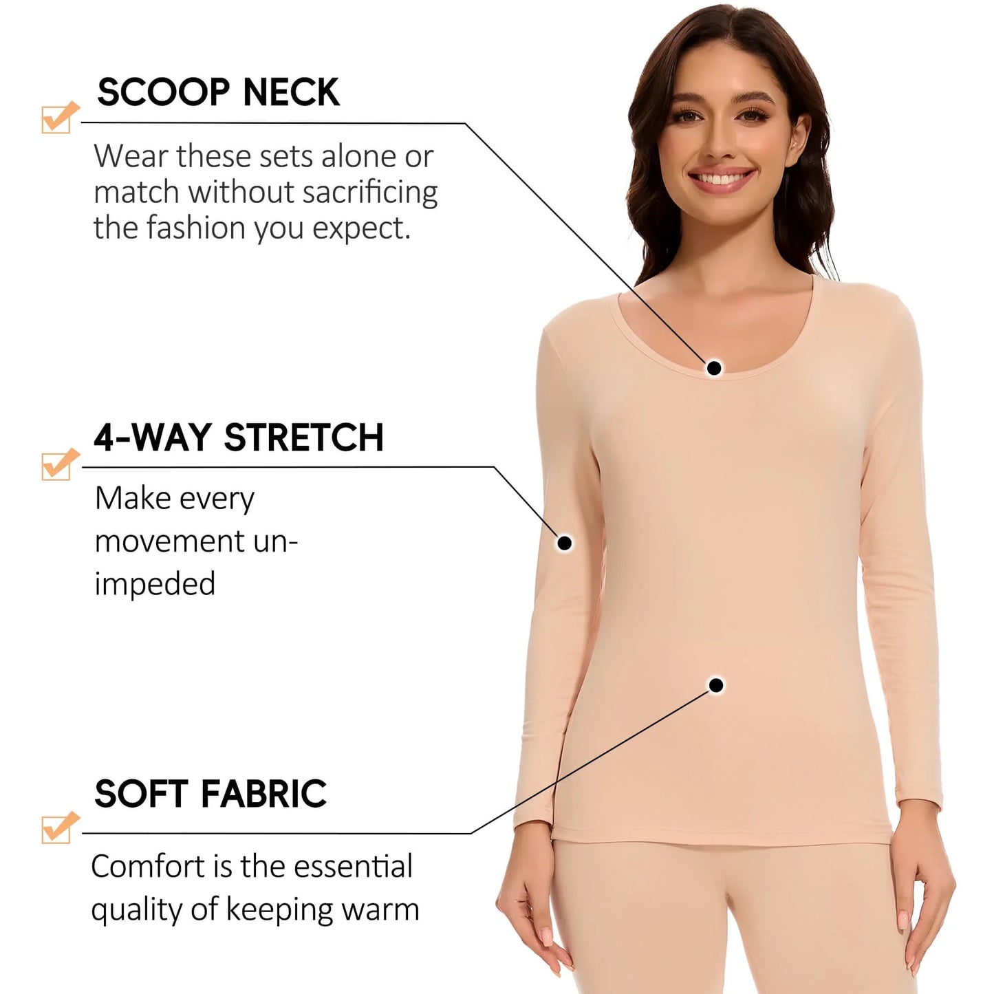 MANIFIQUE Thermal Underwear Set for Women Ultra Thin Long Johns Scoop Neck Base Layer Top  Bottom Set