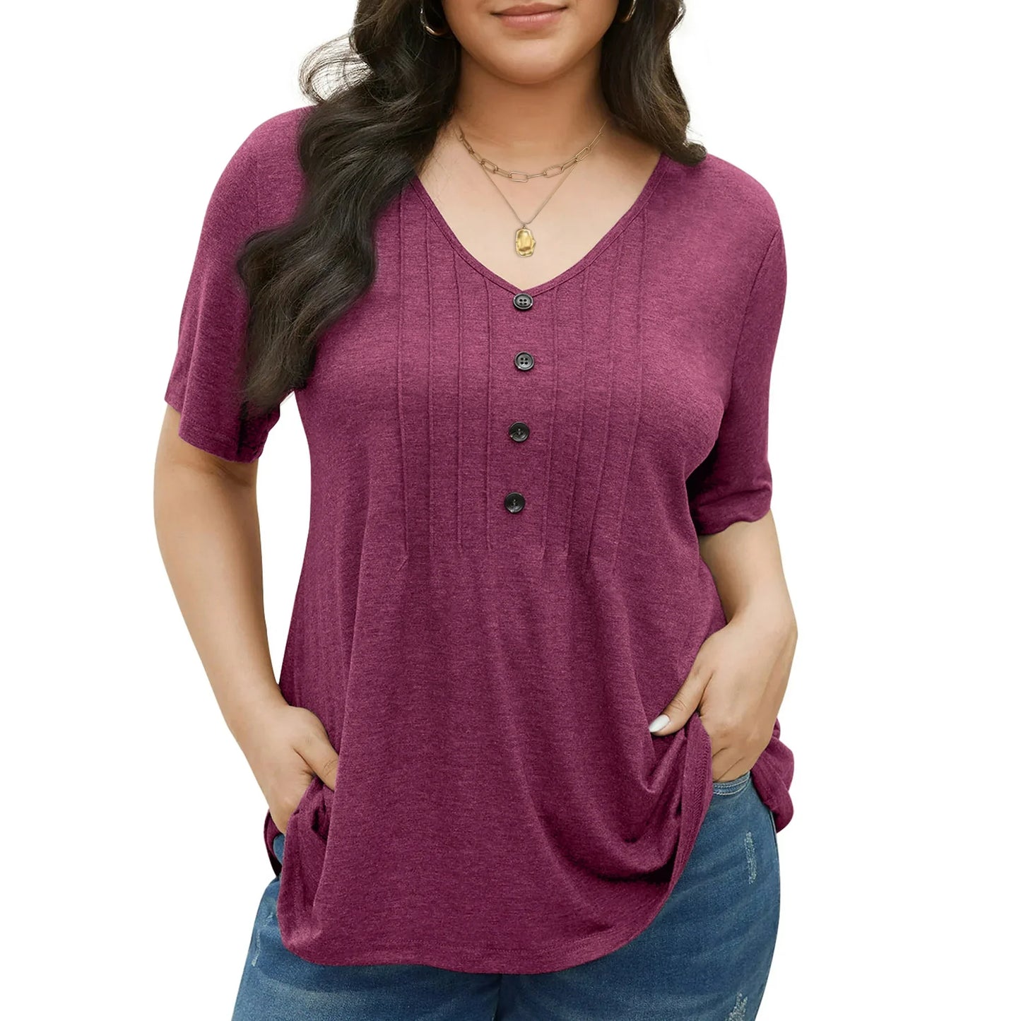 Fantaslook Plus Size Blouses for Women Pleated Button Short Sleeve Shirts Casual V Neck Tunic Tops