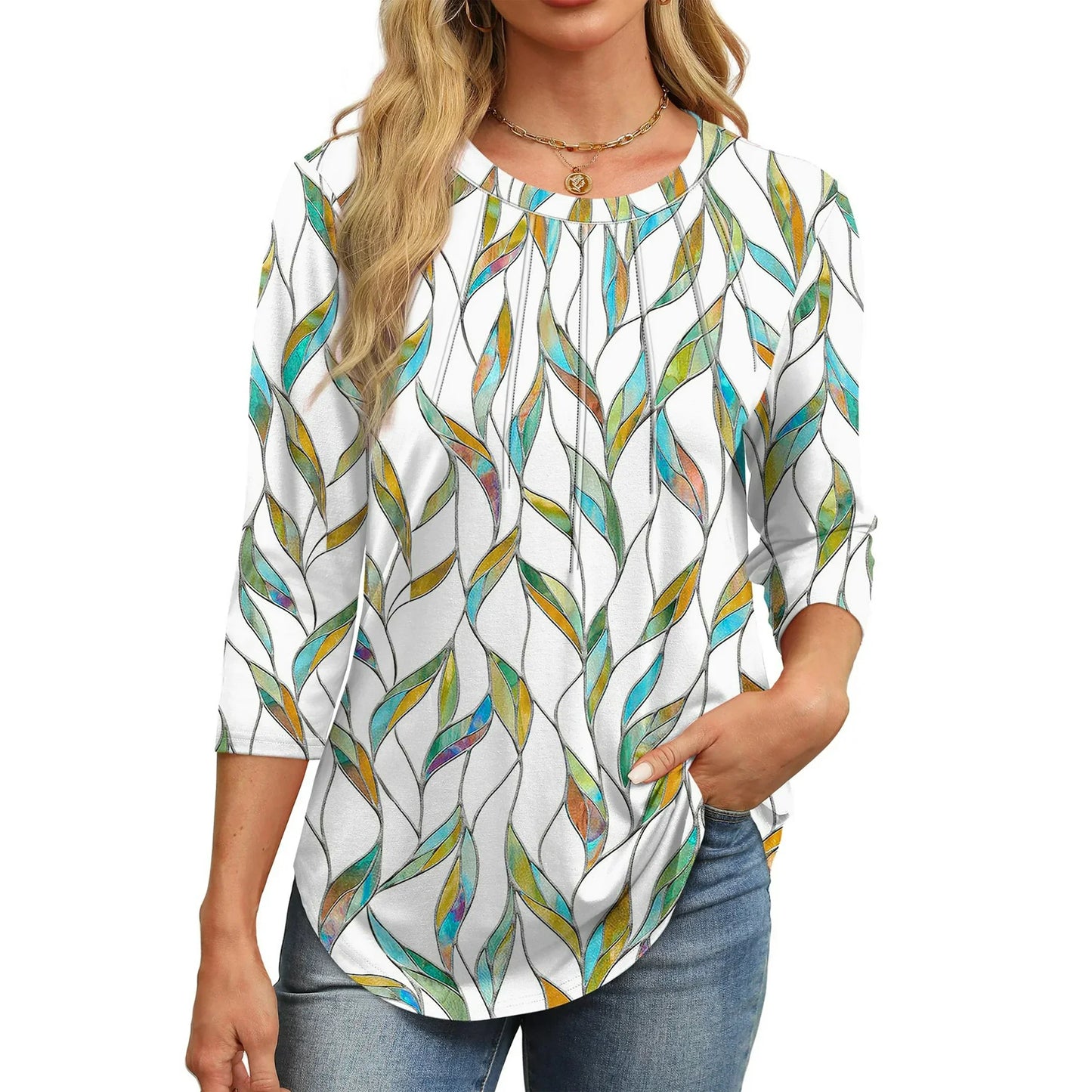 Fantaslook Womens Plus Size Tops 3/4 Sleeve Pleated Dressy Blouses Crew Neck Casual Tunic Tops Summer Shirts