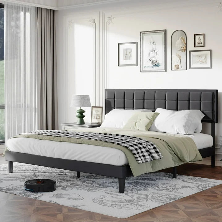 Sesslife King Size Bed Frame with Adjustable Fabric Upholstered Headboard, Wood Platform Bed with Sturdy Slats Support, Under Bed Storage, Noise Free, Easy Assembly, No Box Spring Needed, Dark Gray