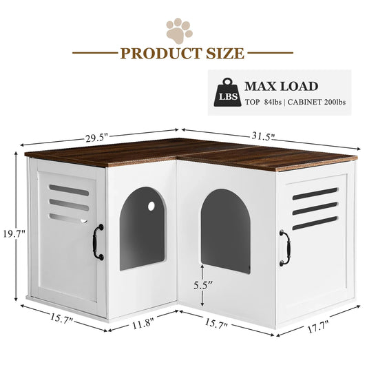 JanflyHome Litter Box Enclosure Furniture, Farmhouse Corner Cat Litter Box Enclosure for 2 Cats with 2 Silicone Food Bowls, White