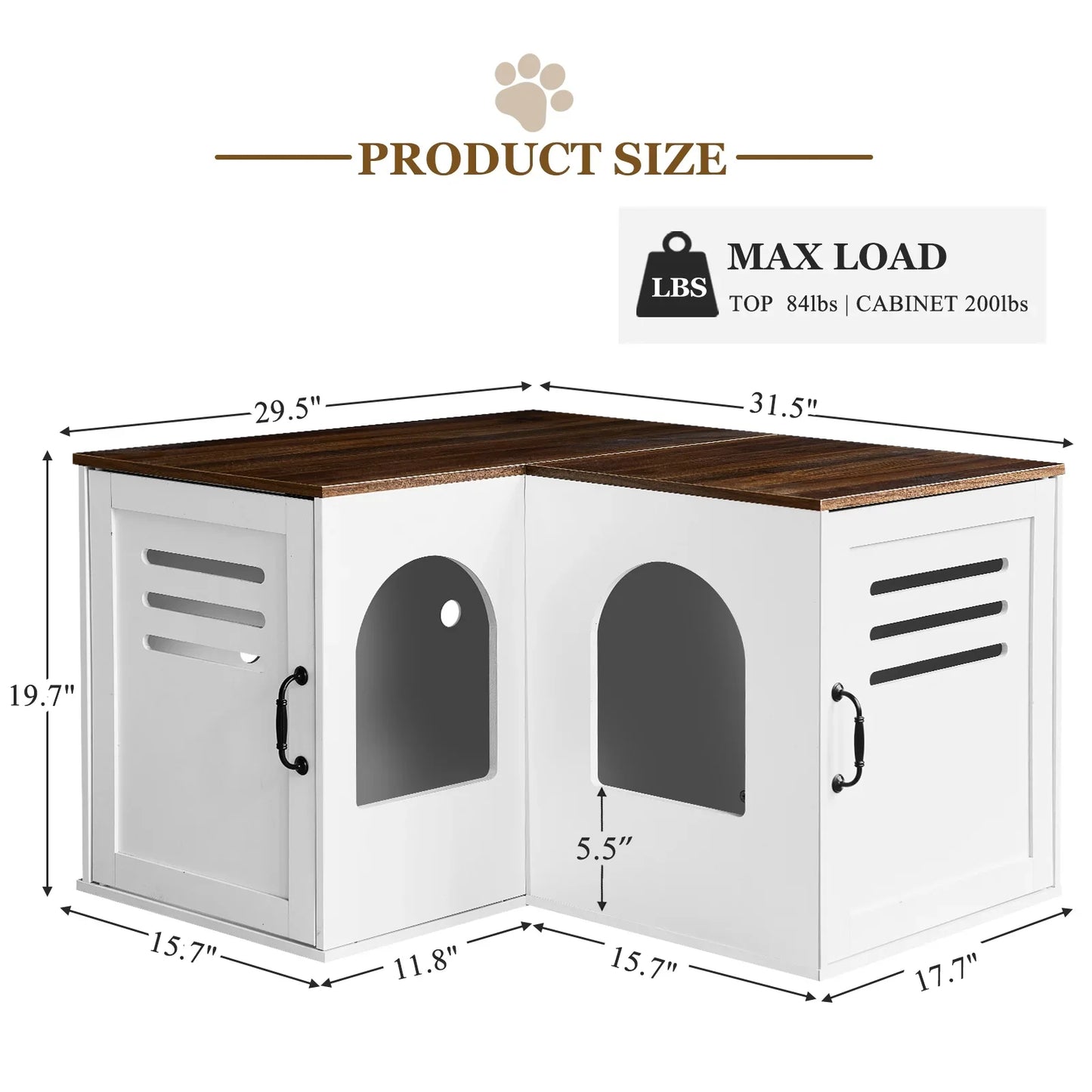JanflyHome Litter Box Enclosure Furniture, Farmhouse Corner Cat Litter Box Enclosure for 2 Cats with 2 Silicone Food Bowls, White