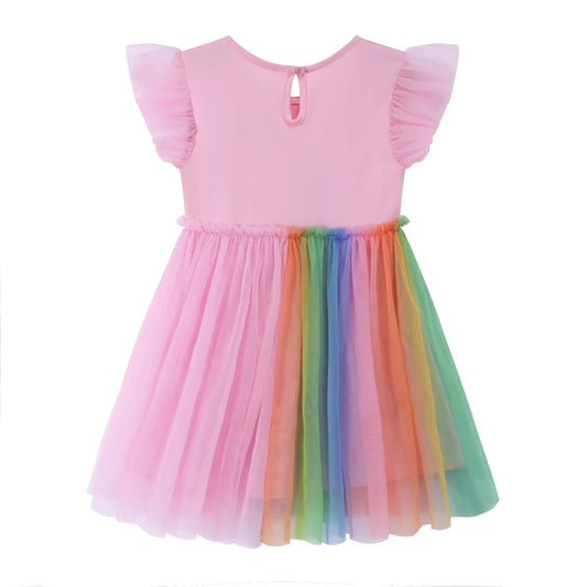 HILEELANG Baby Girl Easter Dresses Short Ruffle Sleeve Cotton Tulle Tutu Pink Unicon Birthday Party Dresses 2T
