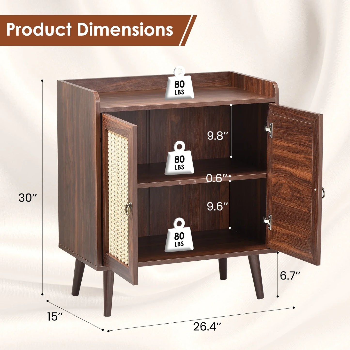 Farini Sideboard Buffet Cabinet Bar Cabinets with Rattan Decorated Doors(Walnut)