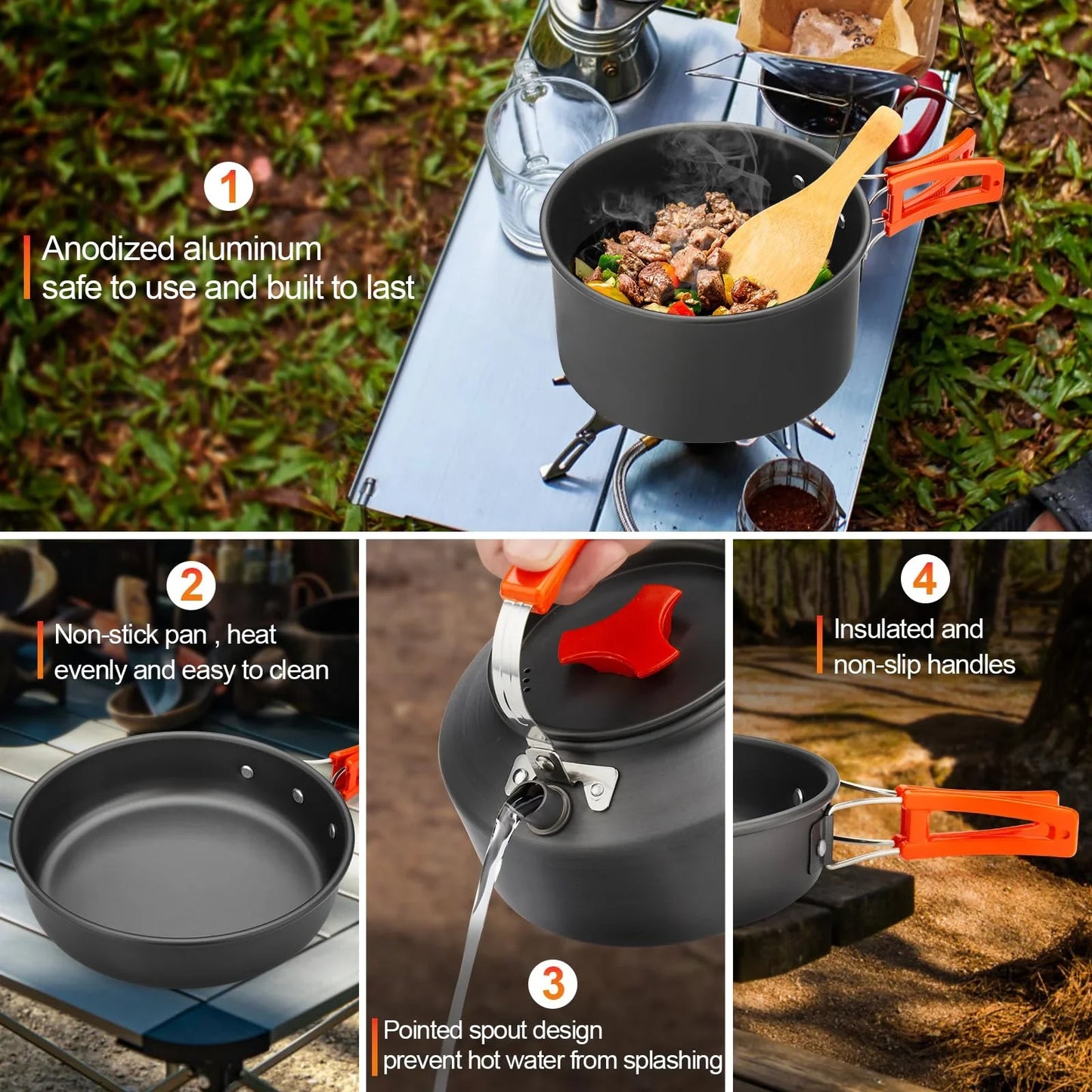 16pcs Camping Cookware Mess Kit, Non-Stick Lightweight Pot Pan Kettle Set with Stainless Steel Cups Plates Forks Knives Spoons for Camping, Outdoor Cooking and Picnic