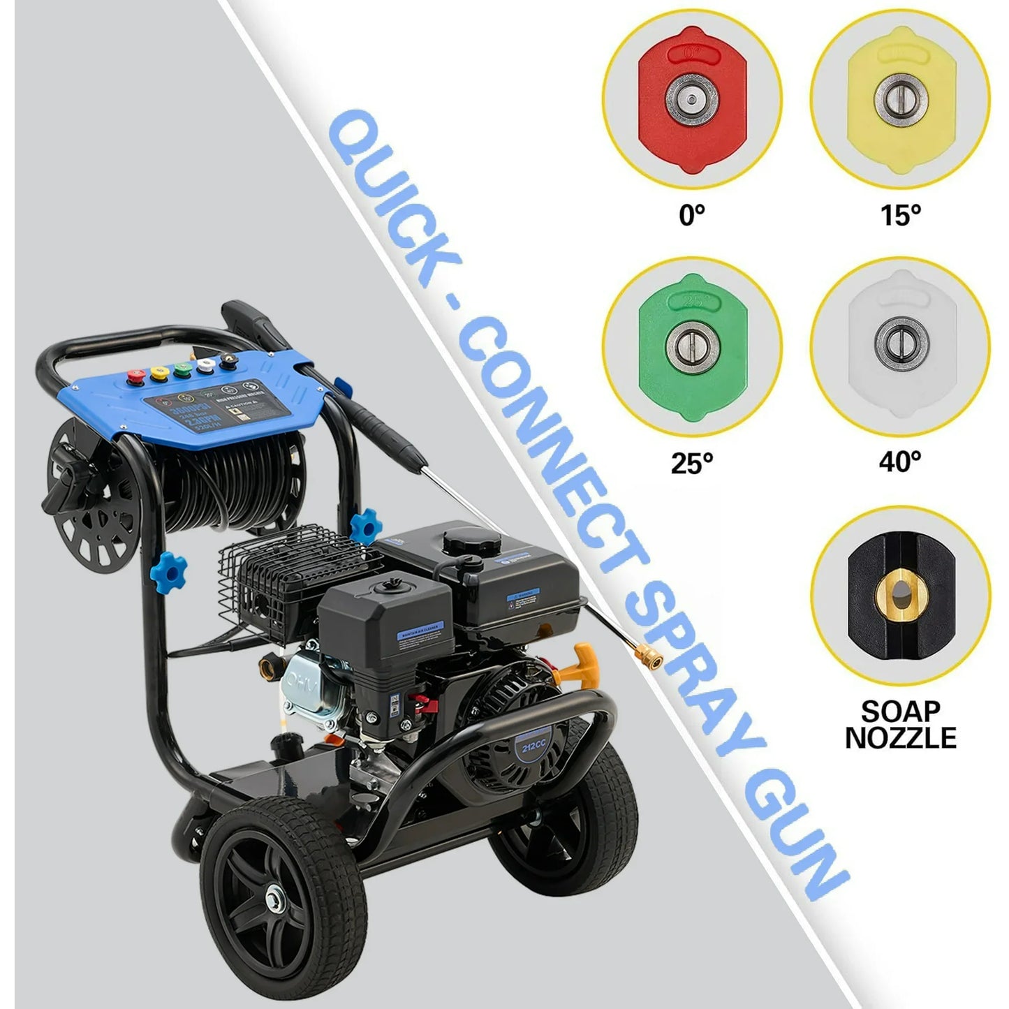 Efurden 3600 PSI 2.3 GPM Gas Pressure Washer, Heavy Duty Gas Power Pressure Washer with Hose Reel, Spray Gun and Wand, 5 Quick Connect Nozzle
