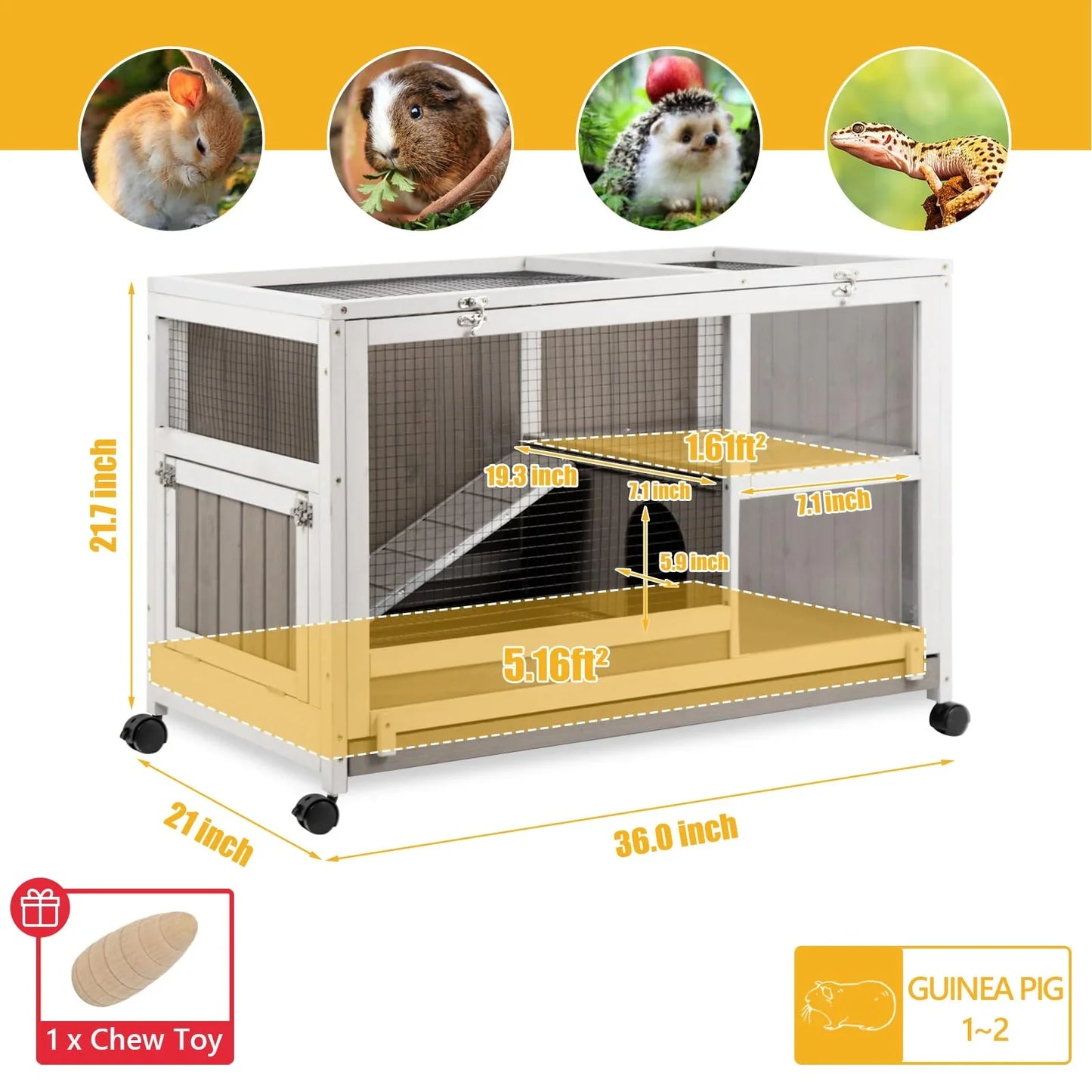 PETSCOSSET Guinea Pig Cages Indoor Wooden Rabbit Hutch with Ramp, Pull-Out Tray, Wheels