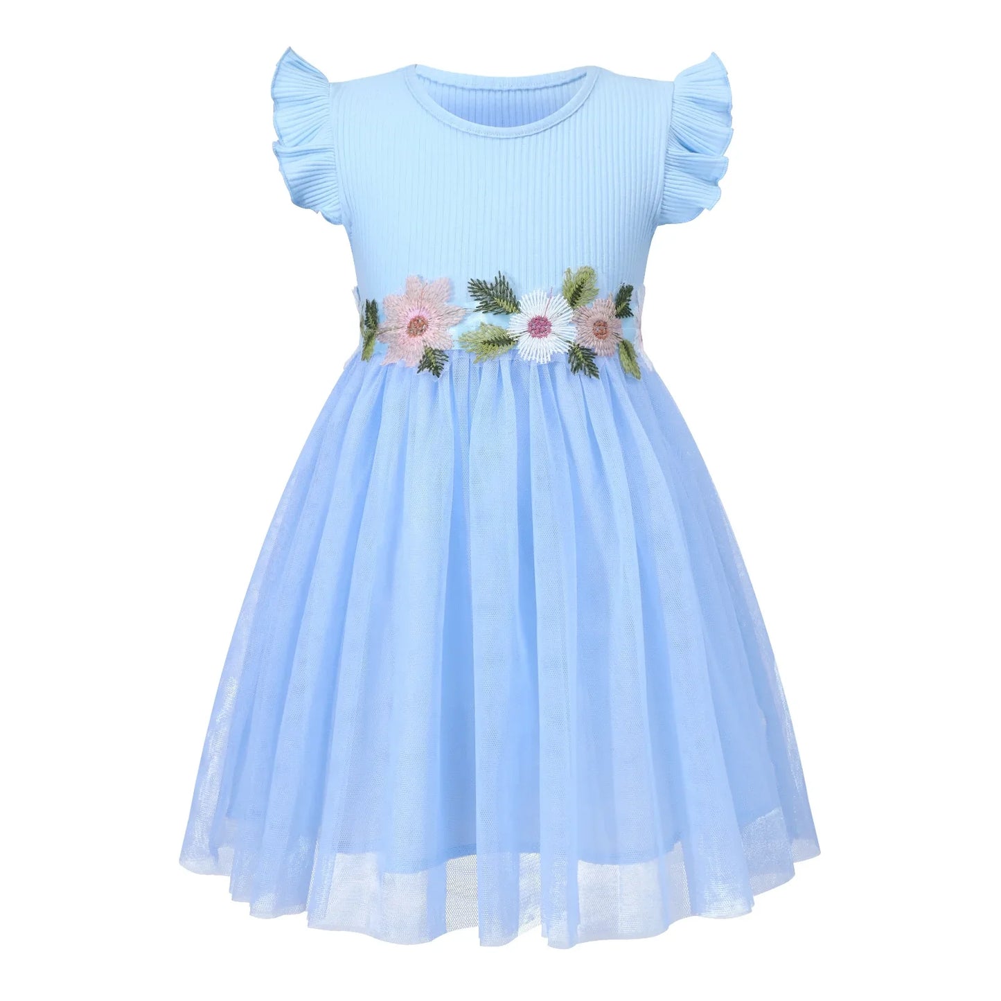 HILEELANG Toddler Flower Girl Tulle Tutu Dress Easter Light Blue Ribbed Cotton Flutter Sleeves Birthday Wedding Party Princess Dresses 2T