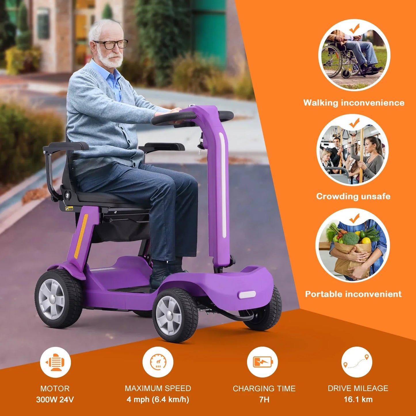4 Wheels Mobility Scooter for Adults  Senior, Foldable Lightweight Powered Device for Travel, with LED Strip Light, Storage Bag, Charger Included, No Assemble Required (Purple)