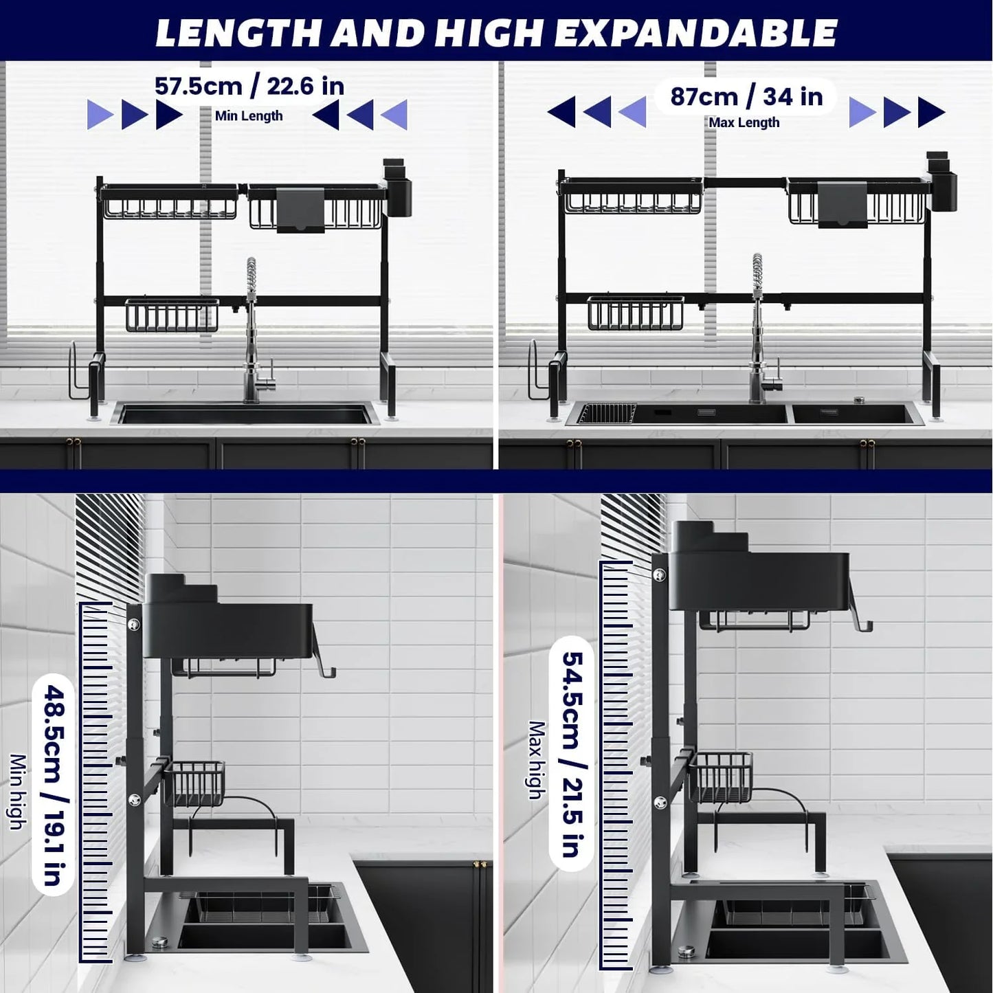 Over The Sink Dish Drying Rack (Expandable Height and Length) Snap-On Design 2 Tier Large Dish Rack