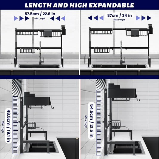 Over The Sink Dish Drying Rack (Expandable Height and Length) Snap-On Design 2 Tier Large Dish Rack